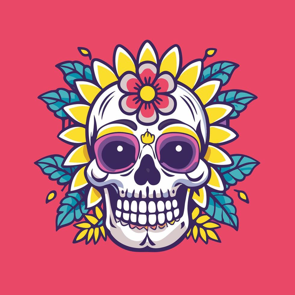 Ornate Fantasy Skull Adorned with Blooming Flowers and Verdant Leaves vector