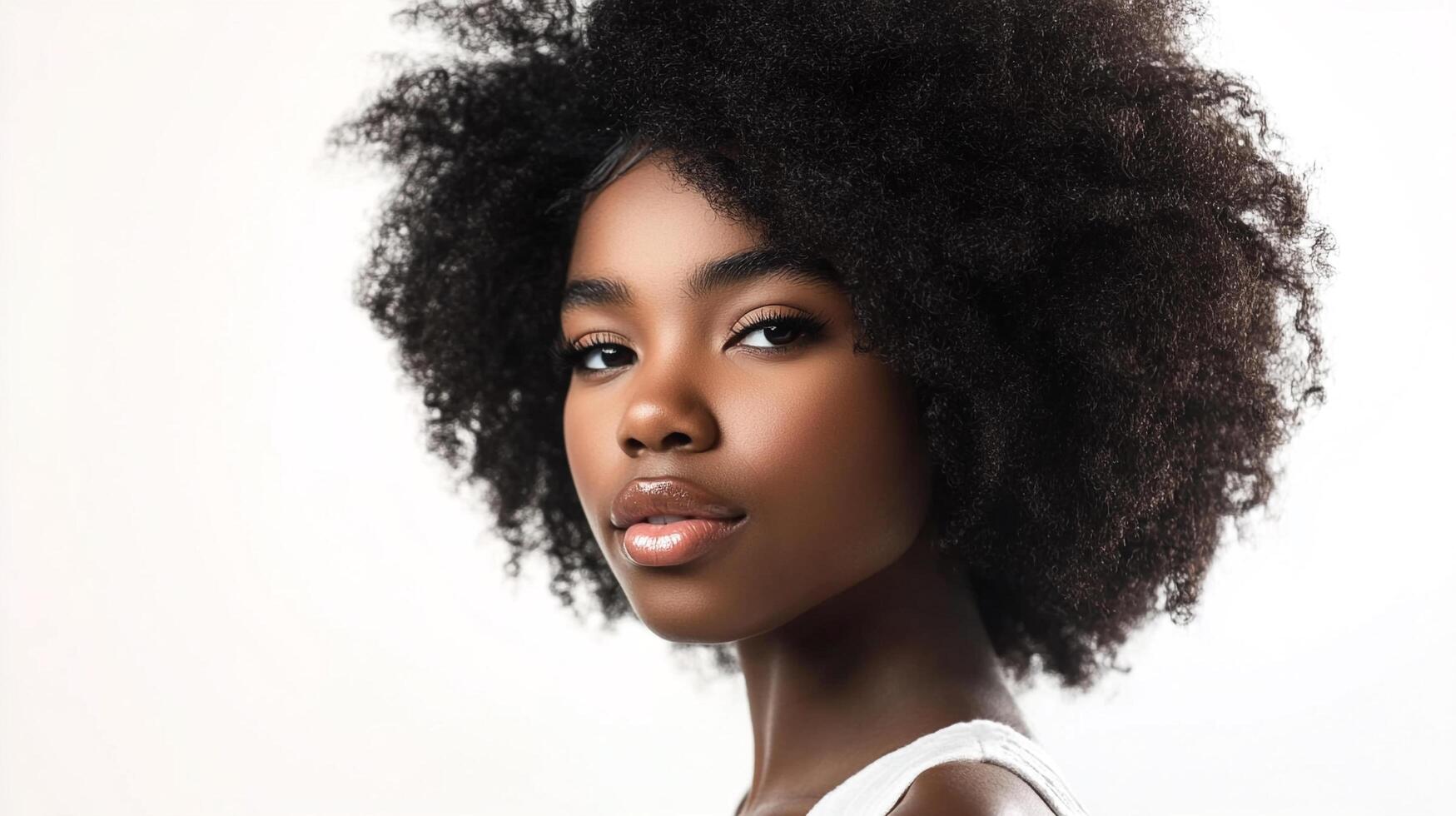 A young woman with dark skin and afro hair is posing in front of a white background for a headshot. Her makeup is natural and fresh. photo