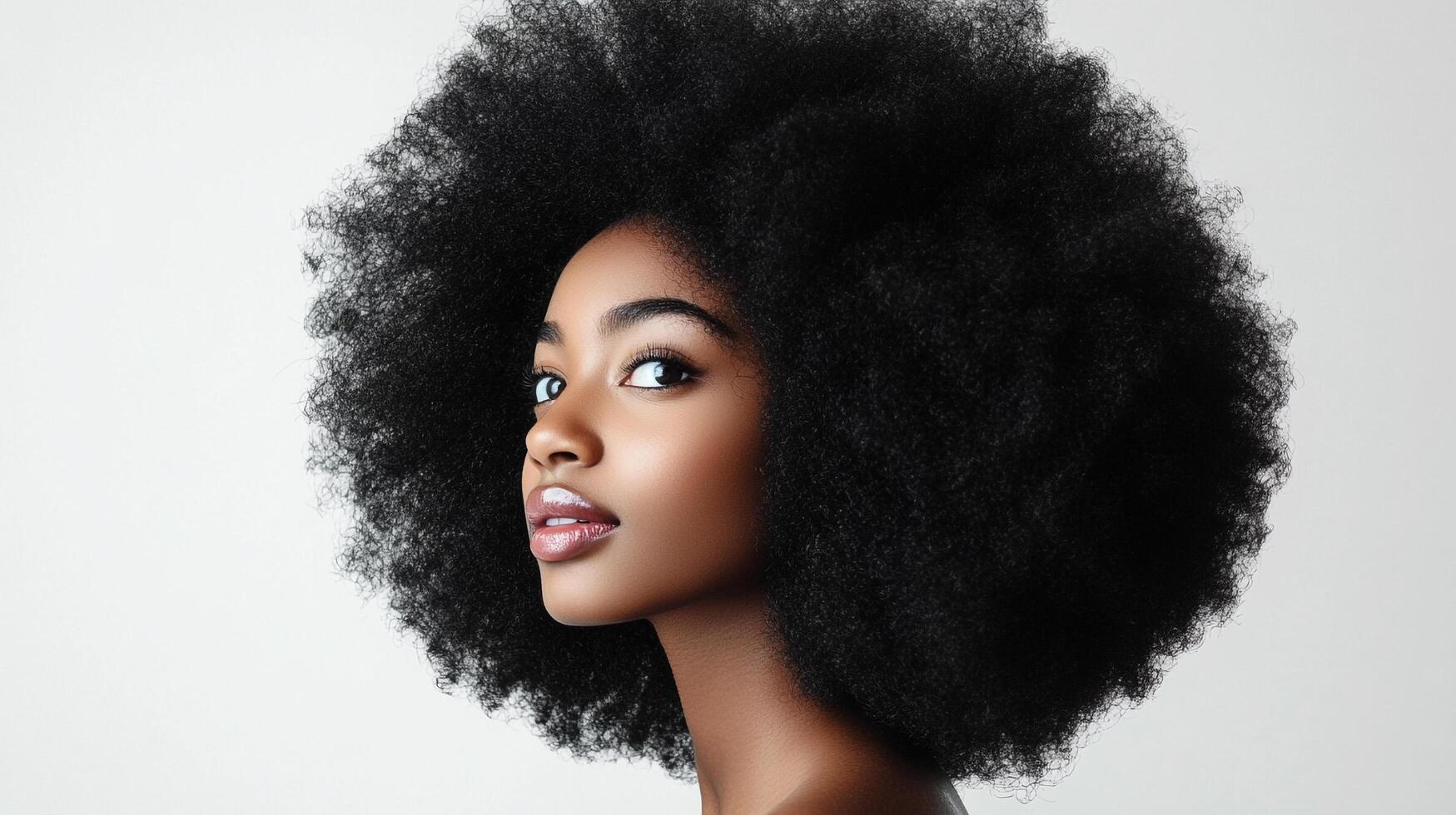 Elegant woman with striking afro hairstyle posing gracefully. Beauty and confidence shine through in this captivating portrait. photo