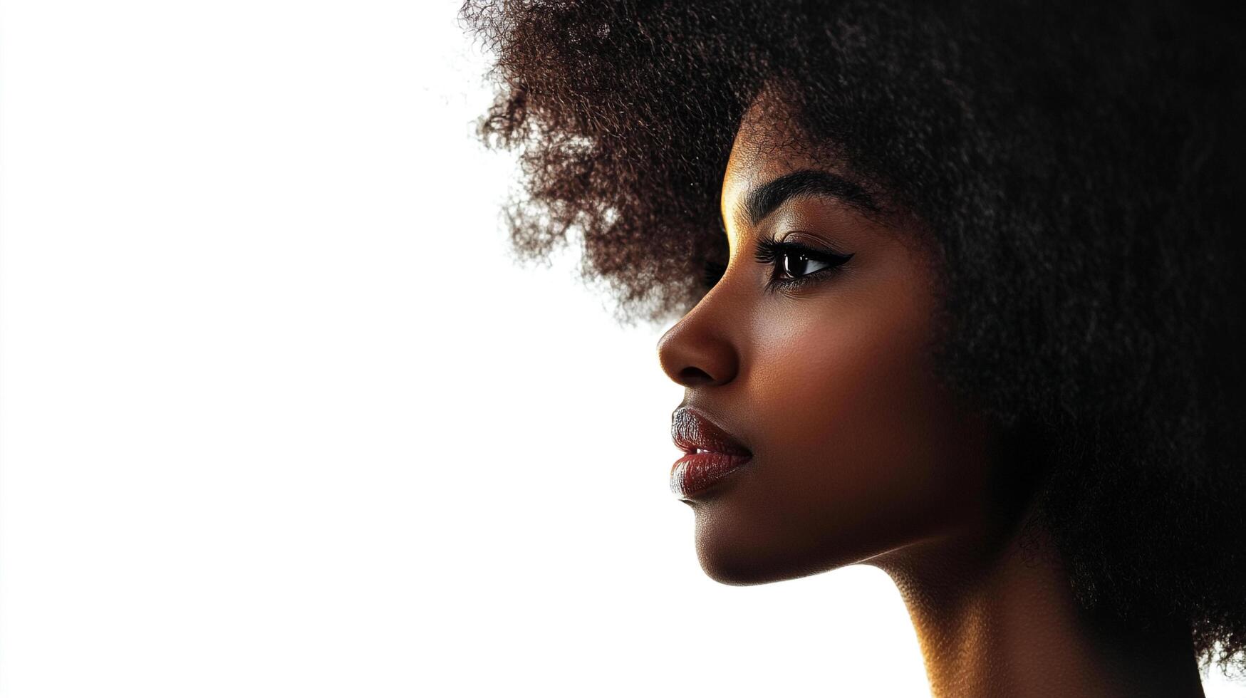 Profile portrait of a beautiful young woman with flawless skin and elegant makeup against a clean, bright white background. Minimalistic aesthetic. photo