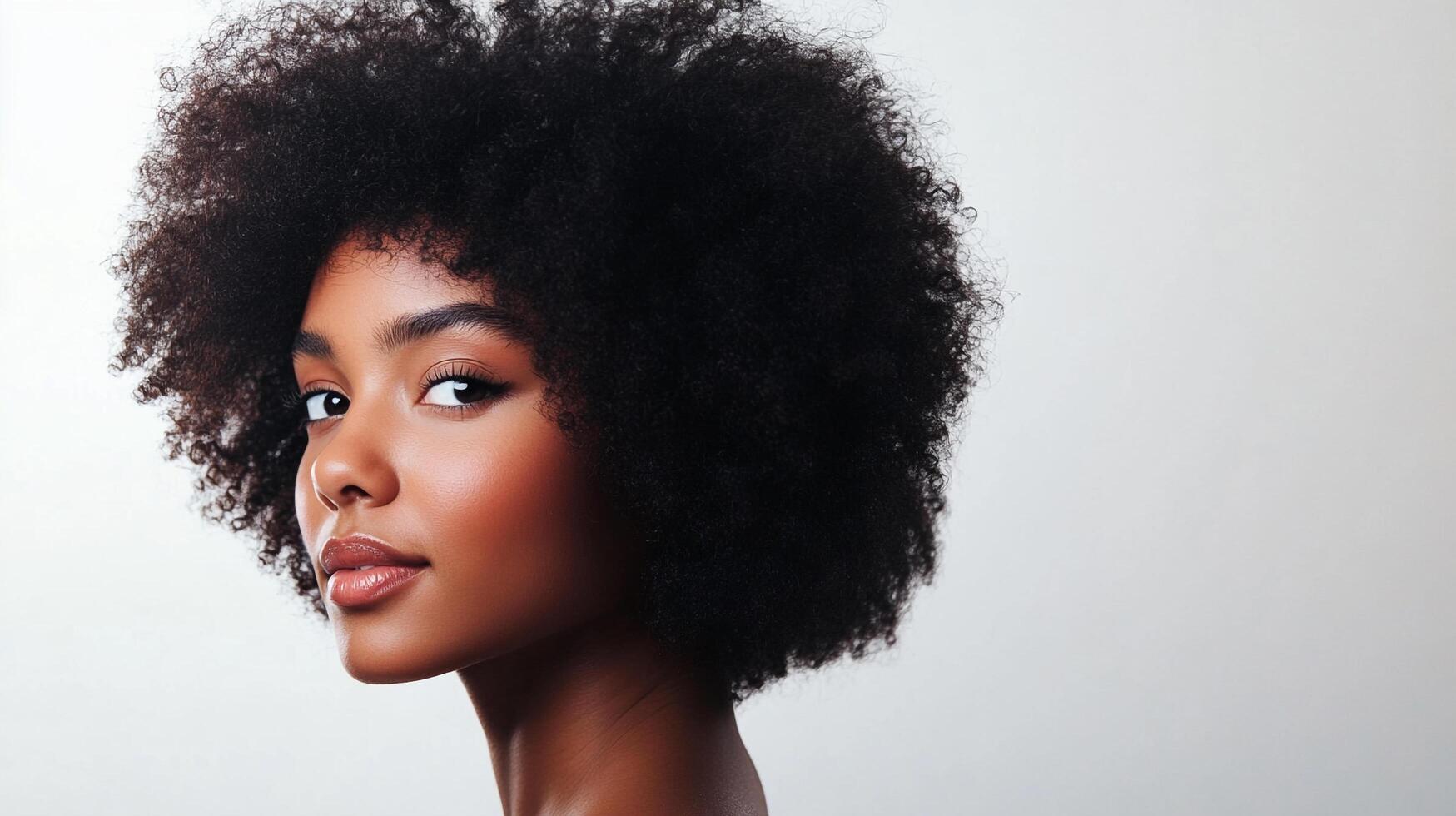 Beautiful woman with striking features and a large afro hairstyle confidently looks over her shoulder against a plain background. photo