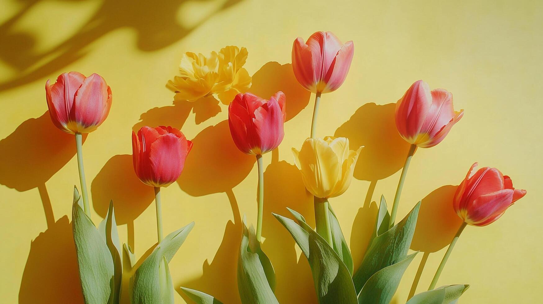 Tulips in radiant hues dance against a vibrant yellow backdrop, casting playful shadows, epitomizing springtime's charm and natural grace. photo