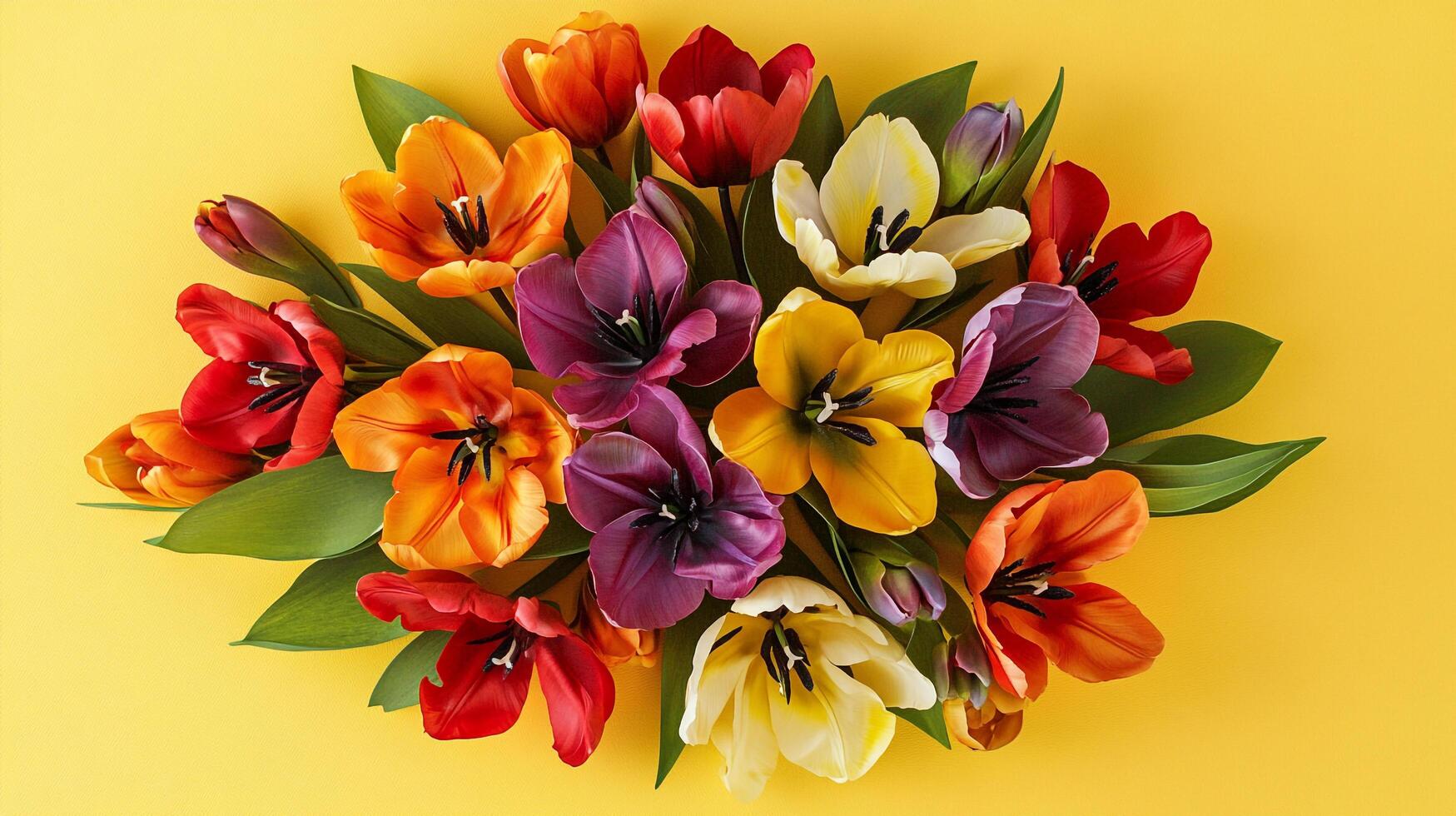 Bouquet of vibrant tulips in shades of red, orange, yellow, and purple on a sunny yellow backdrop, celebrating springtime. photo