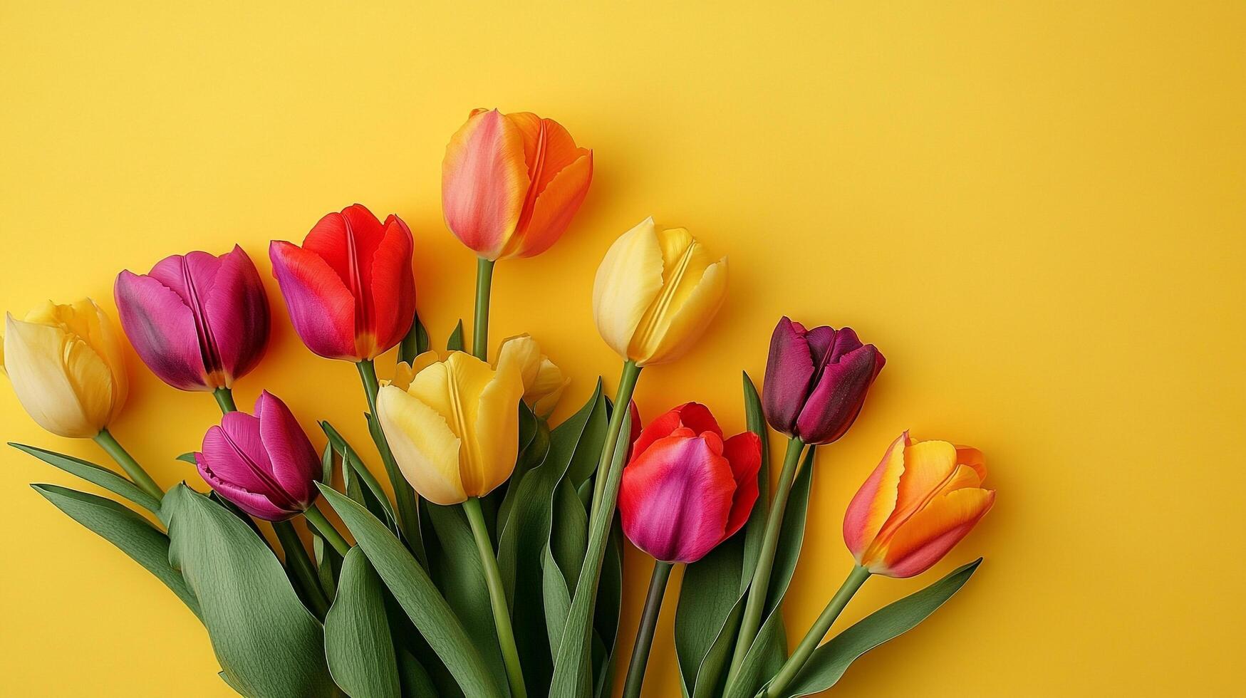Vibrant tulip bouquet, a colorful assortment of spring blooms against a sunny yellow backdrop creates a cheerful, floral still life. photo