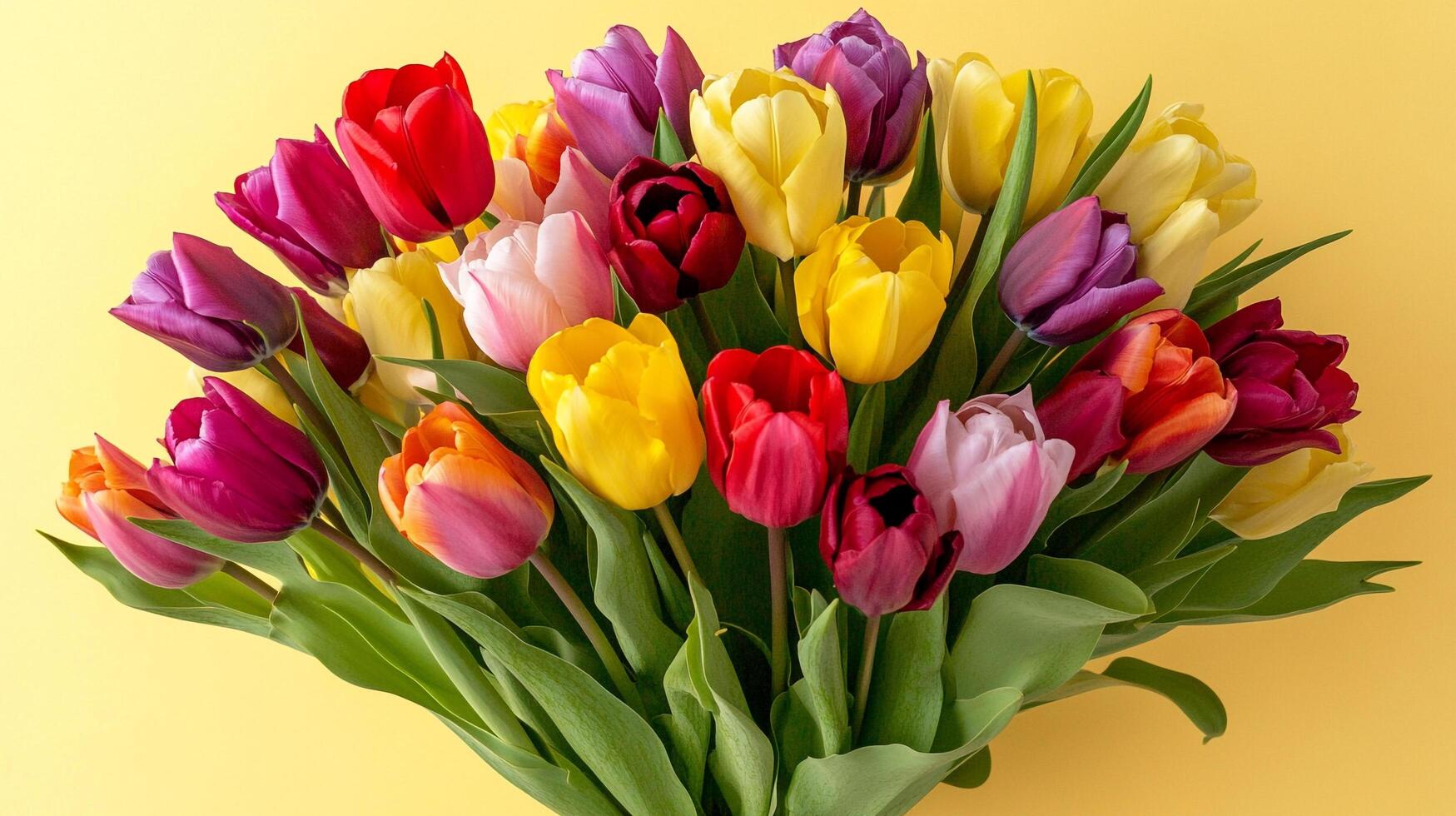 A vibrant bouquet of tulips in full bloom, showcasing a rich spectrum of colors against a soft yellow backdrop. Spring's vibrant symphony. photo