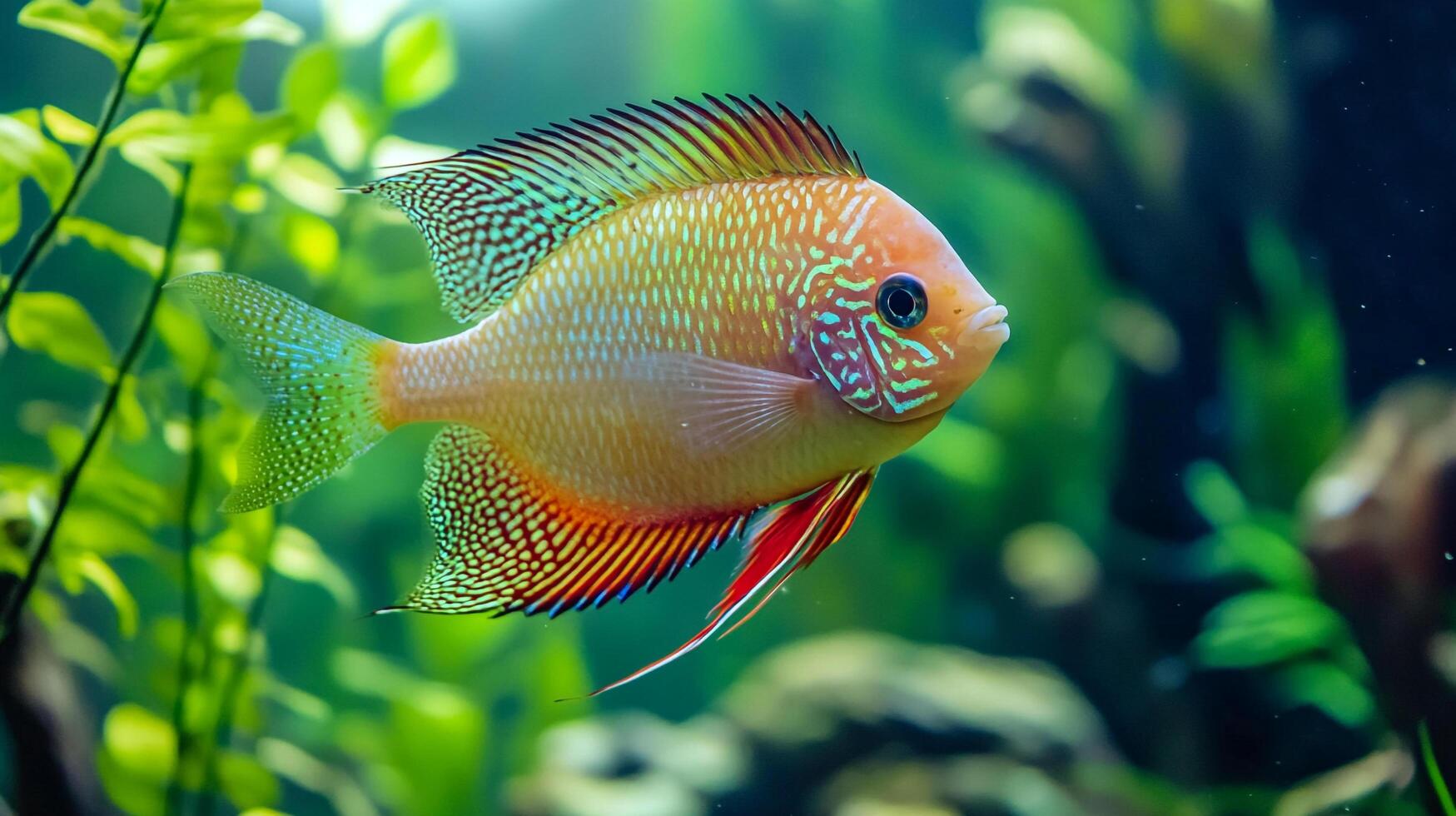 A beautifully colored tropical fish with intricate patterns, swimming in a lush, green aquatic environment in its fish tank. photo
