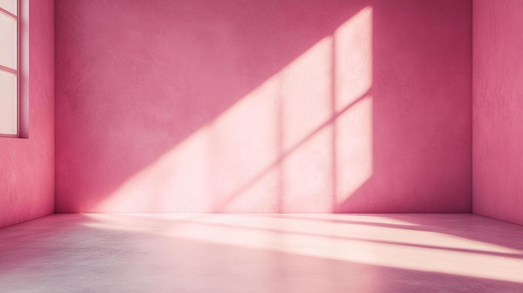 A simple pink room has sunlight streaming from a window, painting a bright square on the wall with a gentle shadow box effect. photo