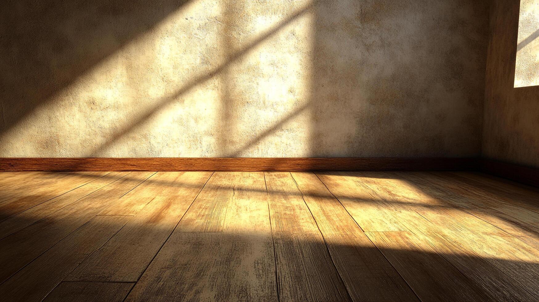 Sunlight streams through a window, casting shadows on the wood floor and textured wall. The light warms the room, creating cozy atmosphere. photo