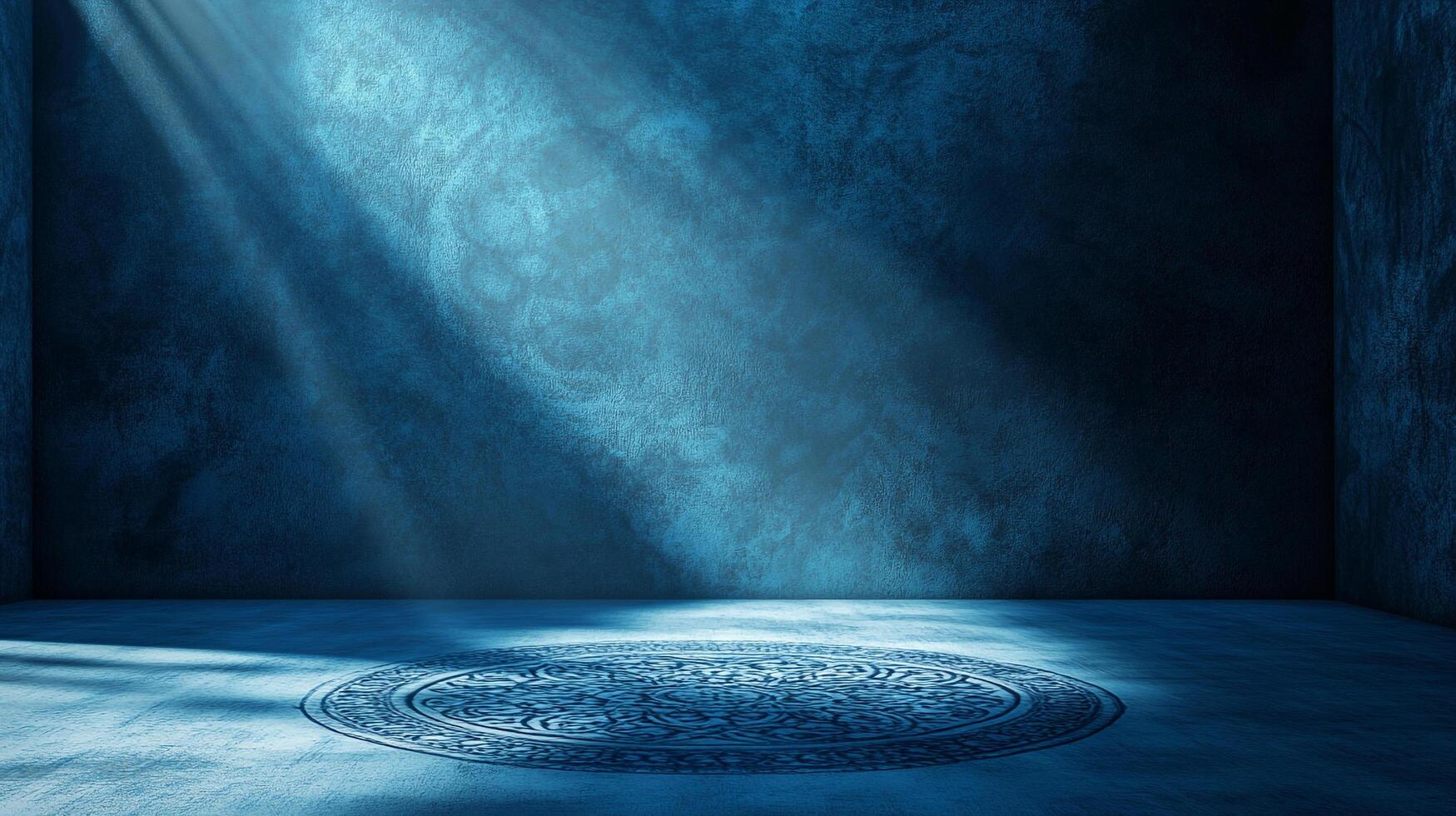 Blue room bathed in light with ornate floor design, creating a serene and mystical atmosphere, perfect for contemplative moments. photo