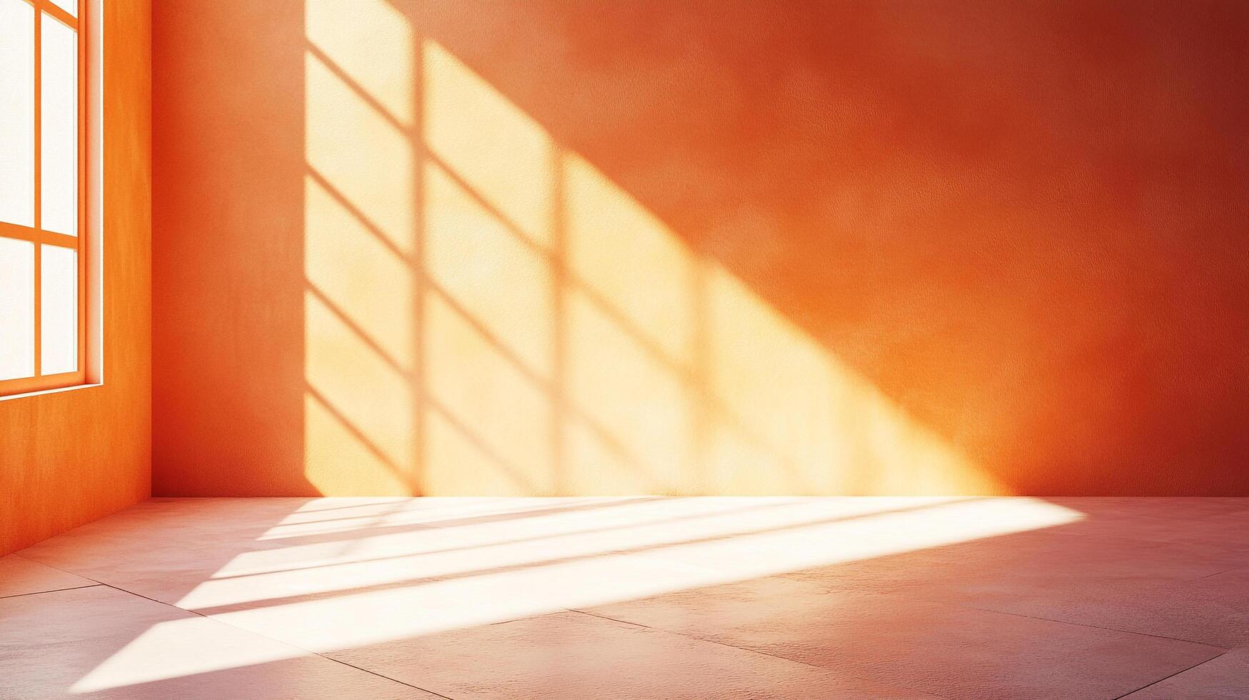 Sunlit orange room with window casting shadows. A serene and warm interior space. The light is soft and inviting. A simple yet elegant design. photo