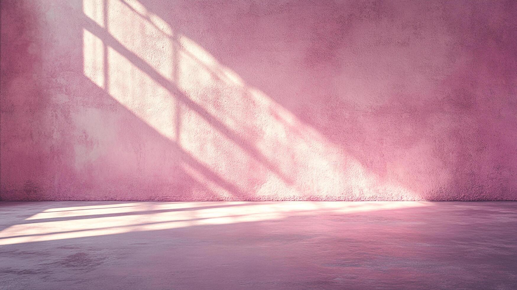 Sunlight streams through a window, casting shadows on a textured pink wall. The floor reflects the ambient light in a soft, inviting space. photo