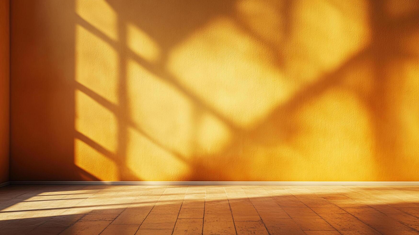Sunlight streams through a window, casting shadows on the golden wall and wooden floor, creating a warm and inviting atmosphere. photo