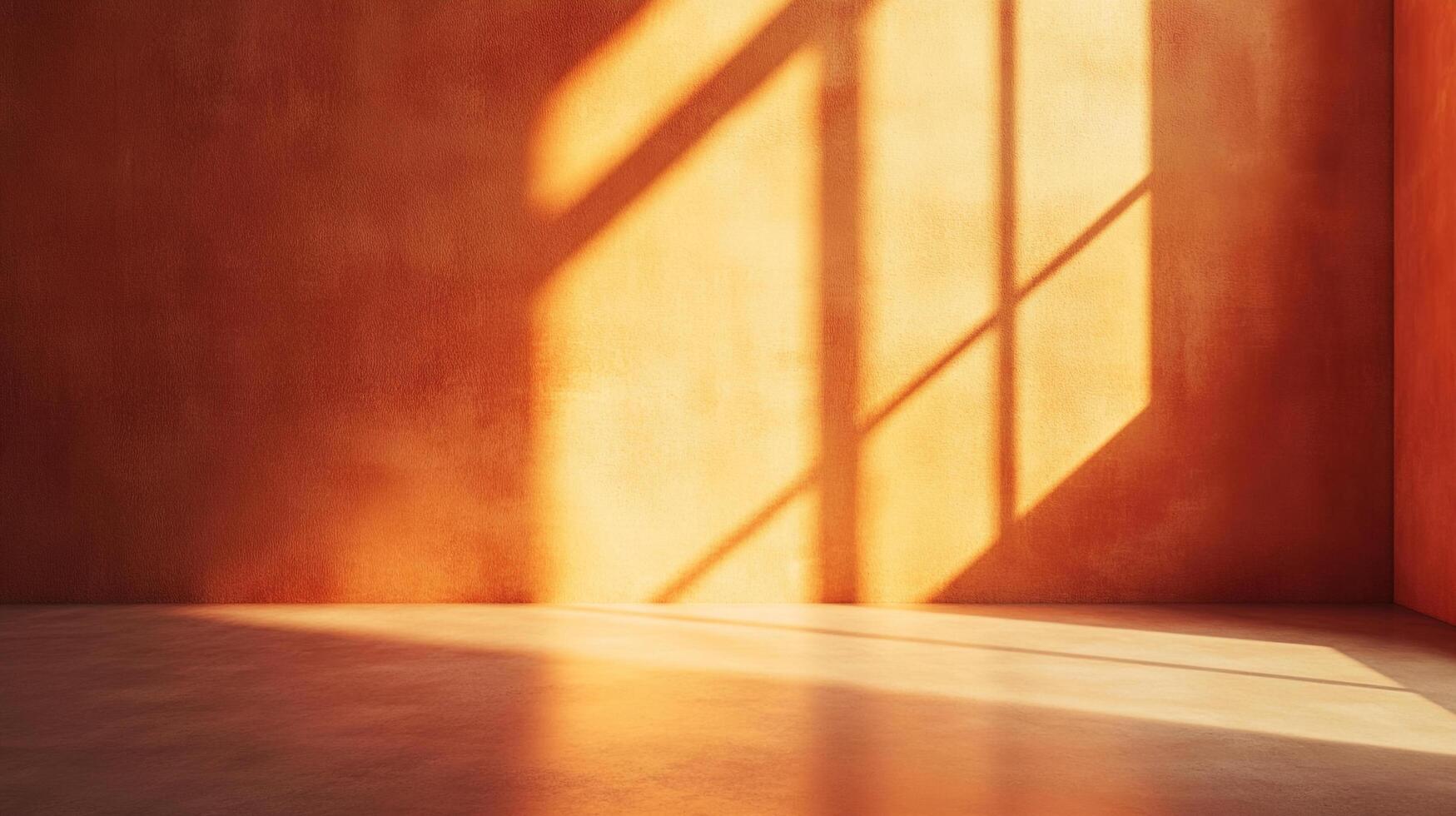 Warm toned empty room with bright window light casting angular shadows across the wall and floor creating a sense of minimalist space. photo