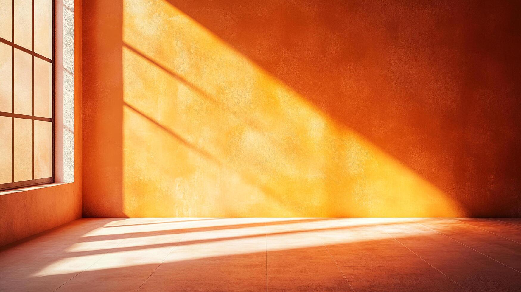 Sunlight streams through the window, casting shadows on the textured amber walls and floor of an empty room, creating a warm, inviting ambiance. photo