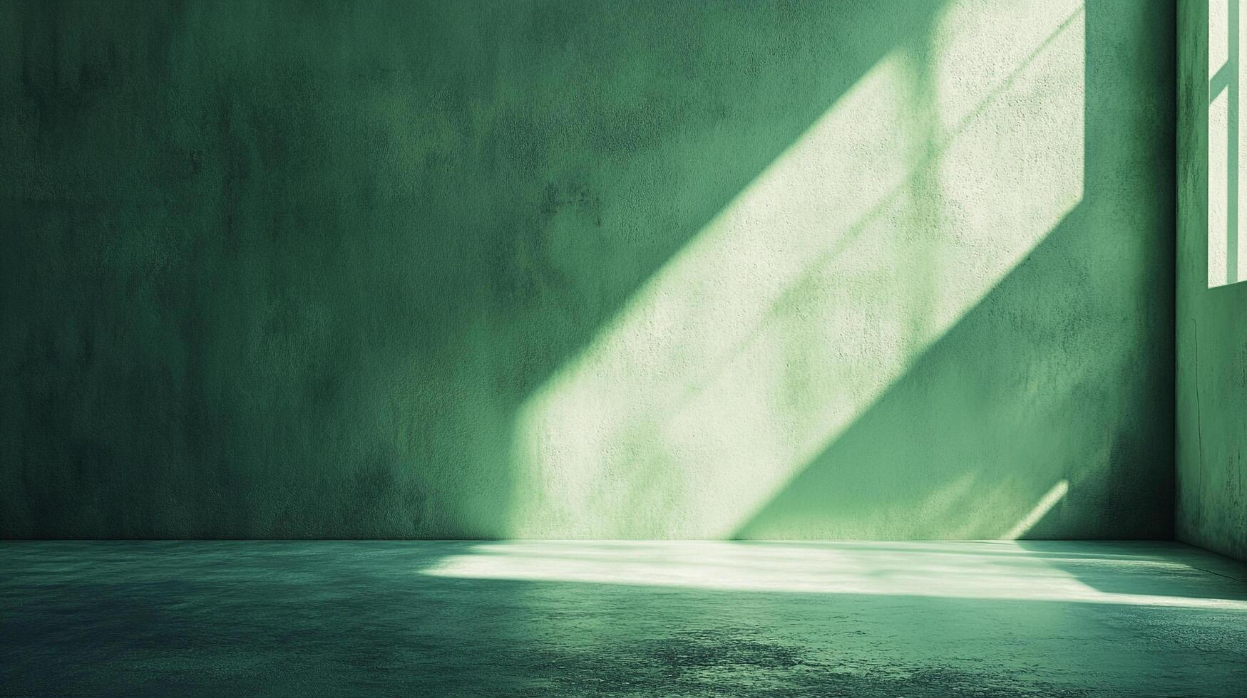 Green room with sunlight streaming through a window, creating shadows on the wall and floor creating a serene and minimalist setting. photo