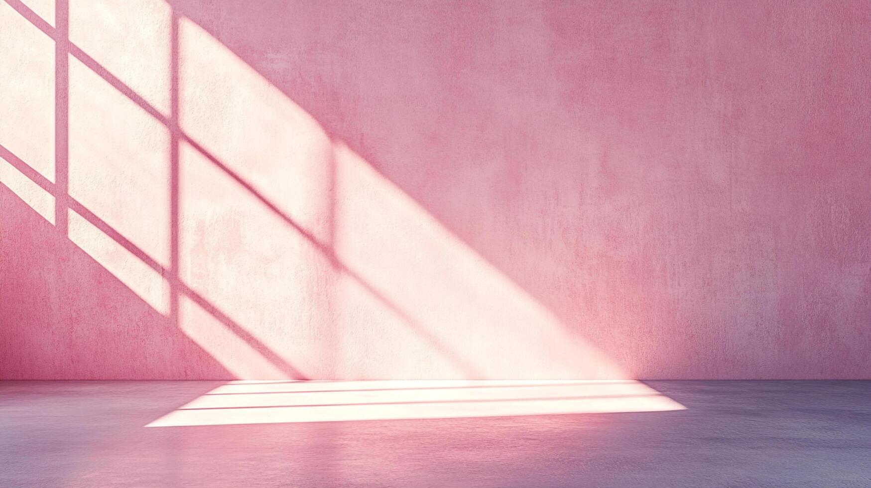 Sunlight streams through a paneled window, creating an abstract geometric pattern on a pale pink wall and concrete floor. Bright and peaceful. photo