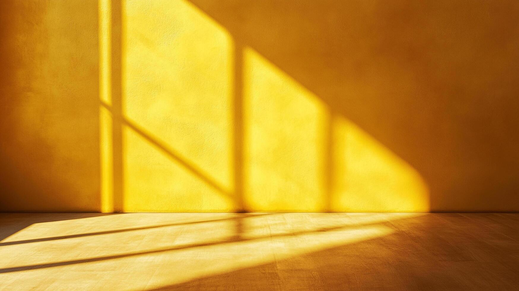 Sunlight streams through a window, casting angular shadows on a yellow wall and wooden floor, creating a warm and inviting atmosphere. photo