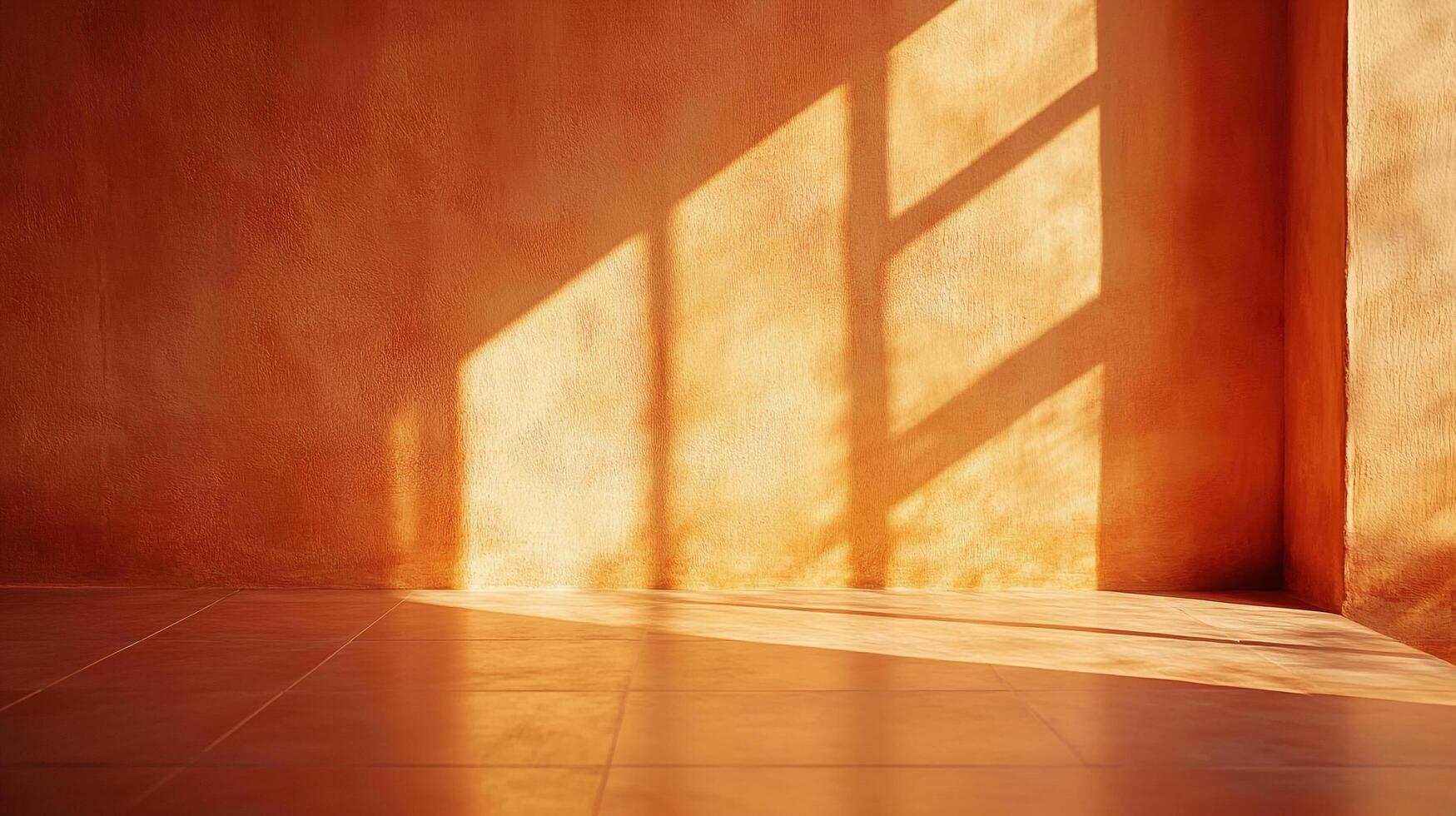 Sunlight streams through windows onto an orange wall and tiled floor, creating a warm and inviting ambiance with geometric light patterns. photo