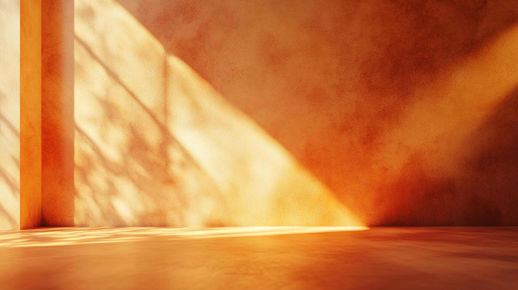 Sunlight streams into an empty room, casting shadows on the textured wall and floor, creating a warm, minimalist abstract. photo