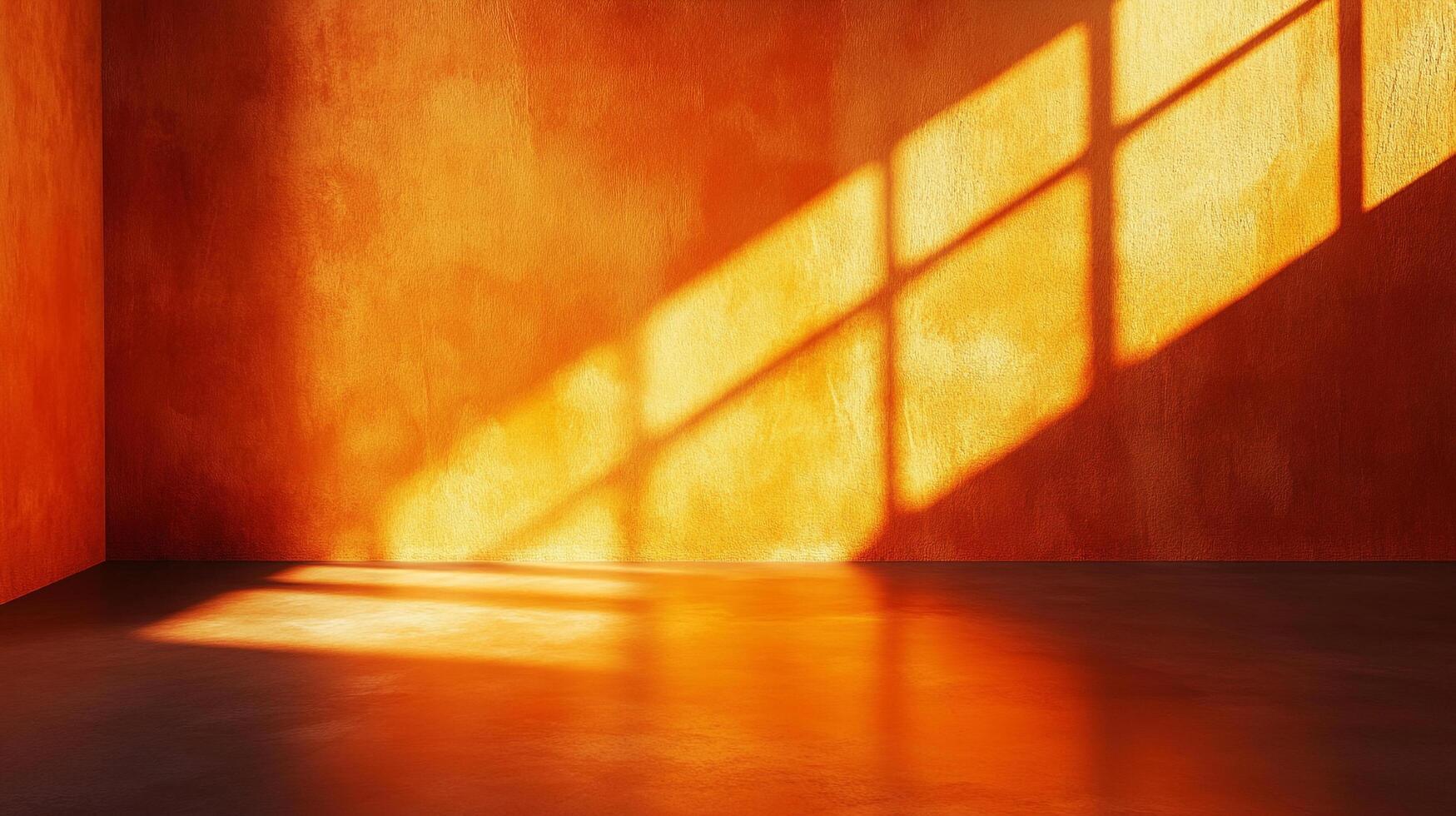 Sunlight streams through a window, casting geometric shadows in an otherwise unadorned room with vibrant orange and warm tones. photo