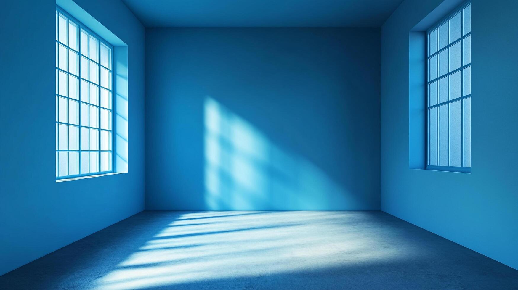 Monochromatic Blue Room with Sunlight Streaming Through Windows, creating an ethereal and serene atmosphere. Minimalist architecture design. photo
