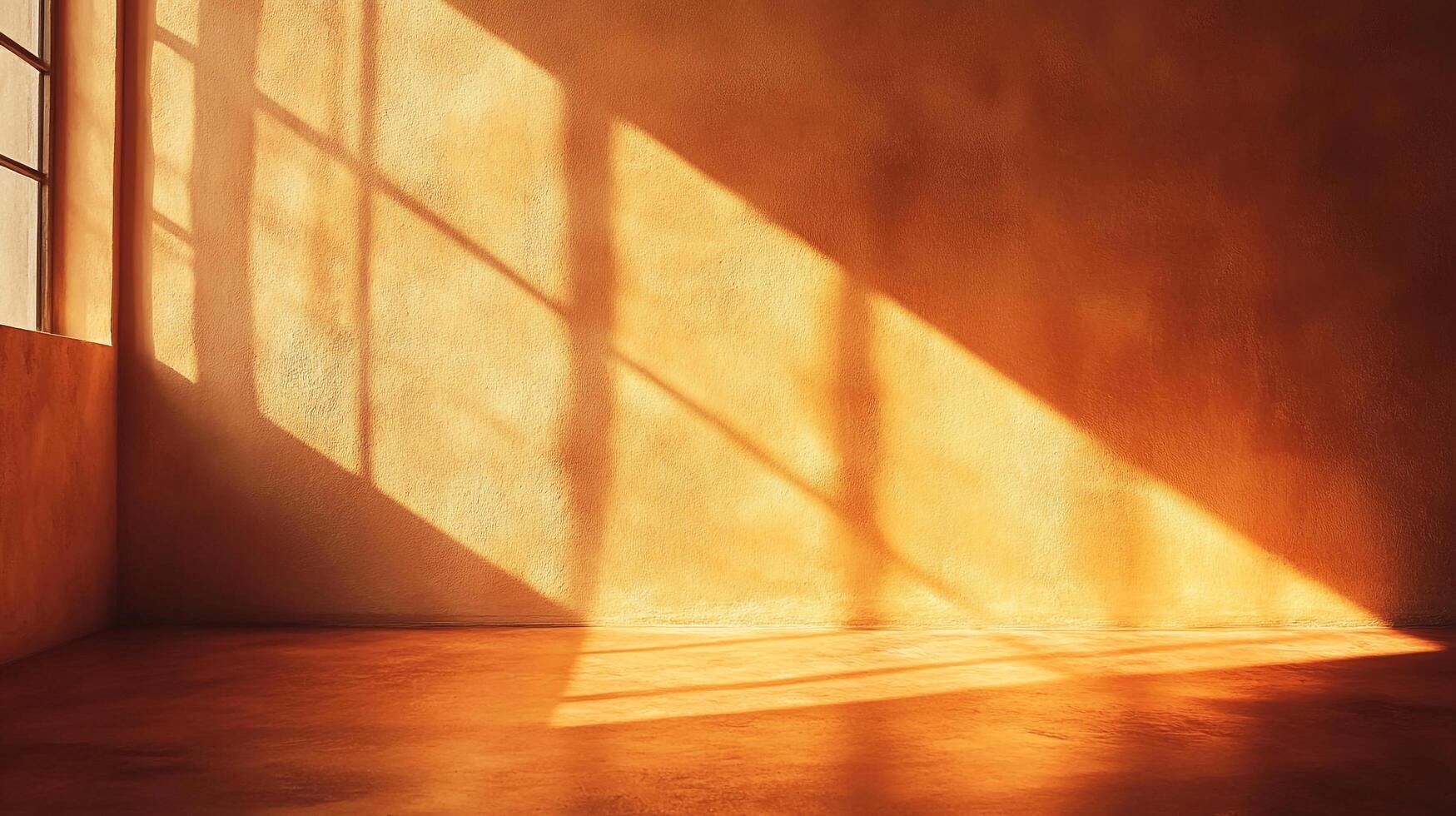 Sunlight casts sharp shadows creating an evocative pattern across the aged walls and floor of this room. It is bathed in warmth and light. photo