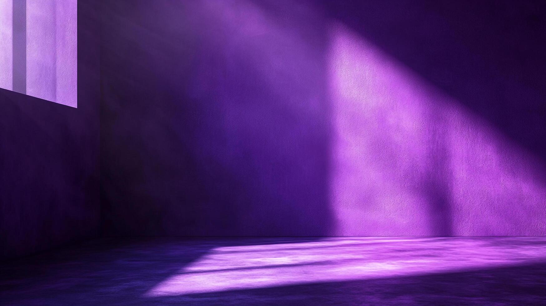 A room bathed in purple light, beams streaming from a window, casting a surreal, vibrant ambiance in the dark space, creating light and shadow. photo