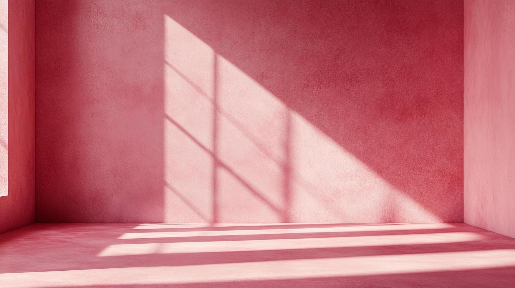 Minimalist pink room with window light creating geometric shadow patterns on wall and floor, soft and inviting ambiance, ideal for contemplation. photo