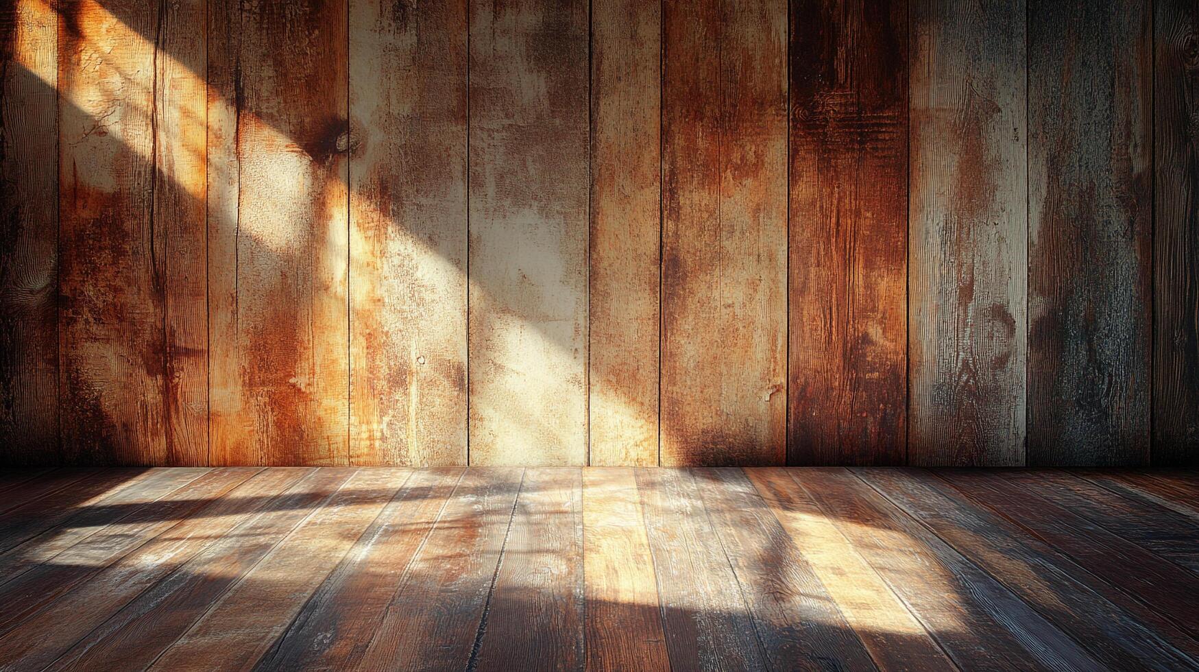 Rustic wooden planks form the wall and floor, illuminated by sunbeams streaming into the room, highlighting the textures and warm tones. photo
