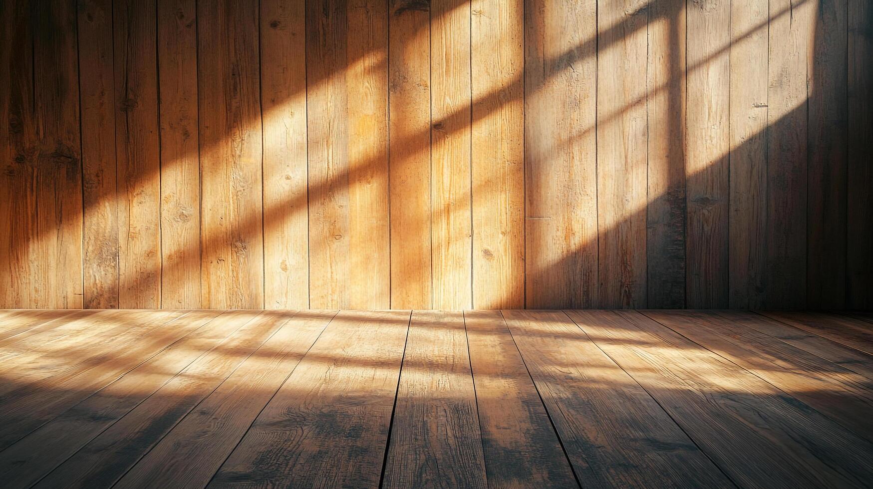 Warm sunlight streams into a rustic wooden room, creating a cozy and inviting atmosphere. The light highlights the wood grain's natural beauty. photo