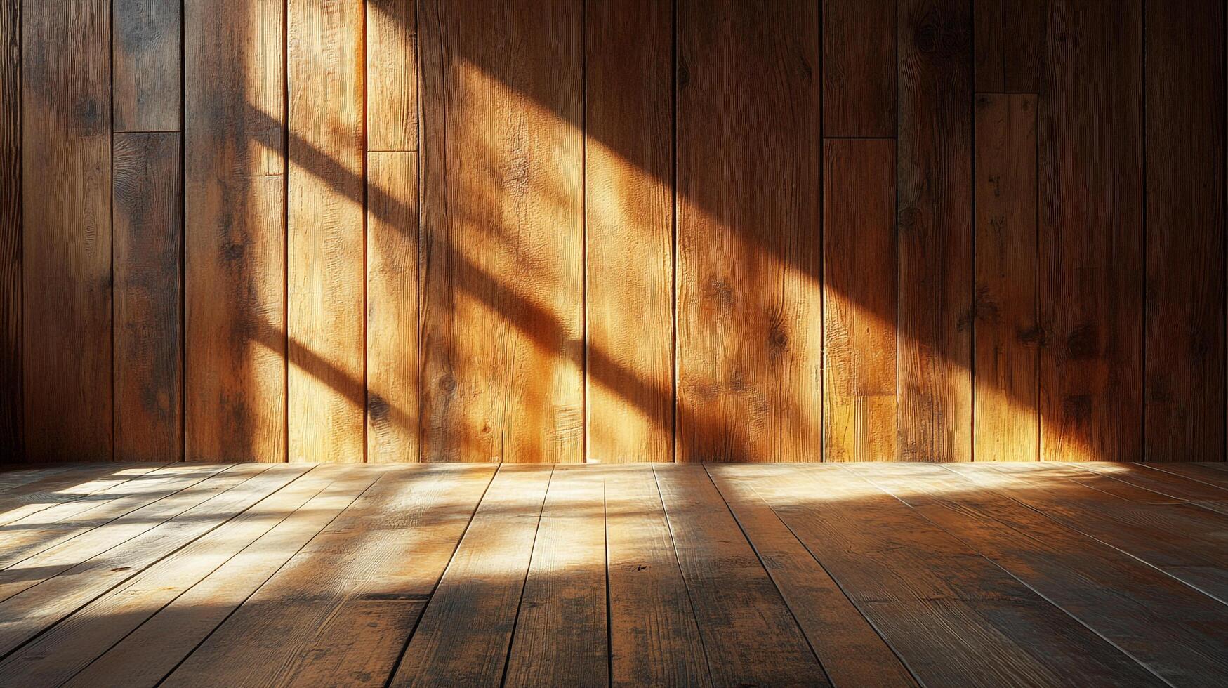 Sunlit wooden room with vertical planks on the wall and parallel wooden flooring strips creates a cozy and inviting aesthetic. photo