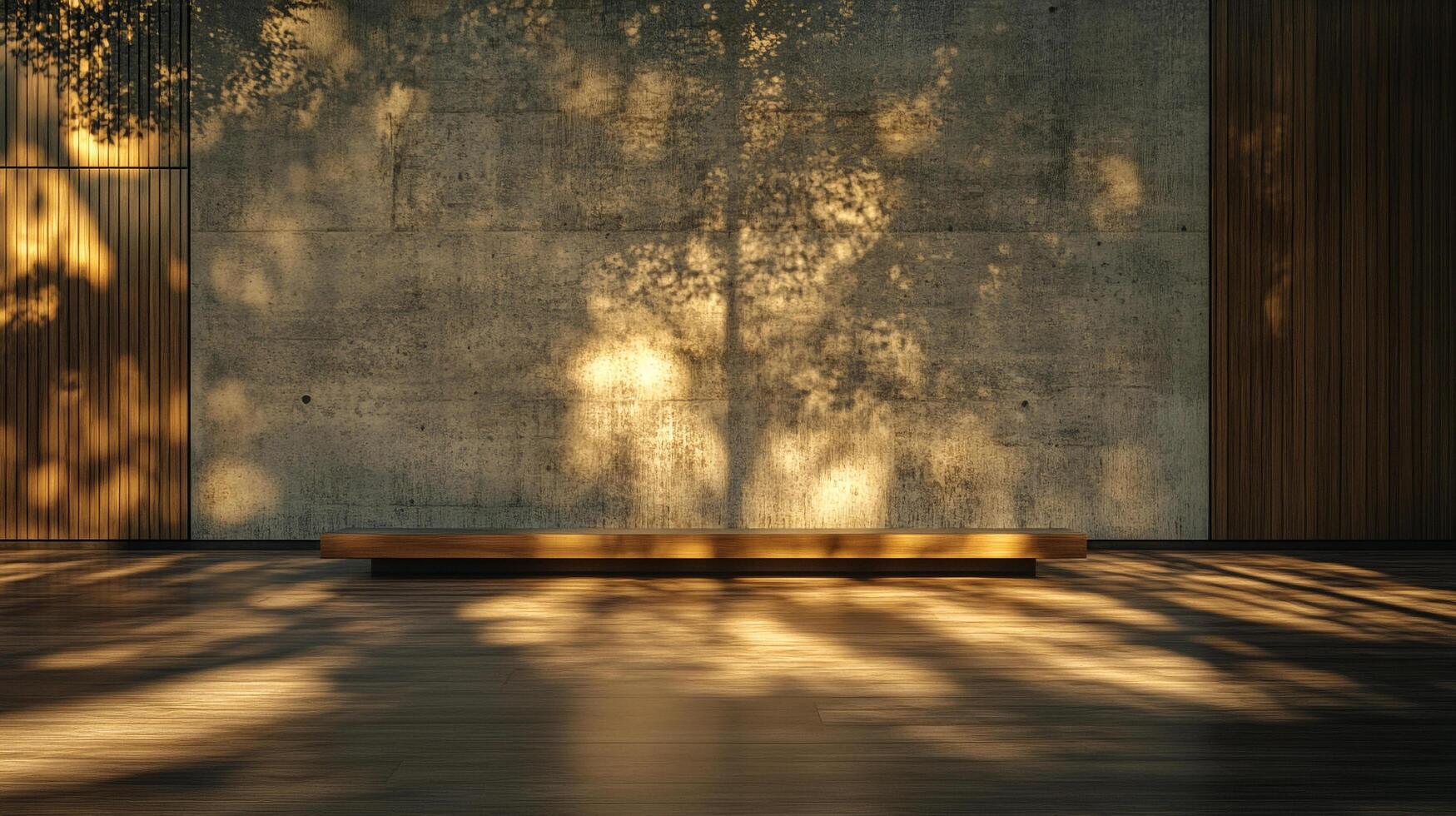 Abstract interior with light and shadow playing on a wooden floor, a bench, a textured wall, and wooden panels. Serene and minimalist design. photo