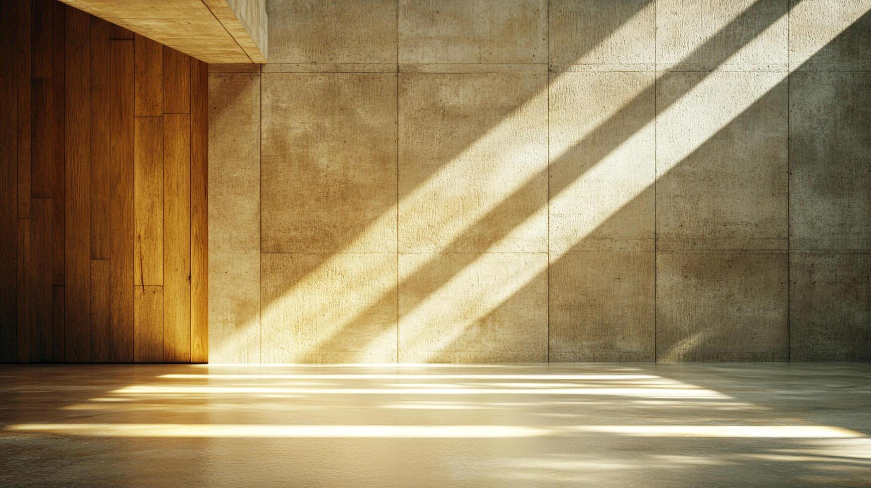 Sunlit minimalist interior featuring concrete and wood textures, creating a stark contrast with bright light and shadow interplay. photo