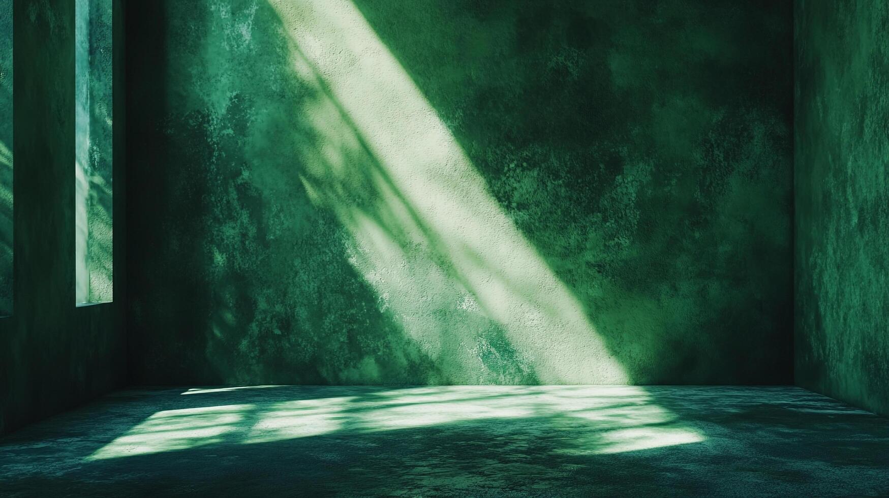 A green room bathed in sunlight. The light streams across textured walls, creating a serene, moody atmosphere of beauty and quiet. photo