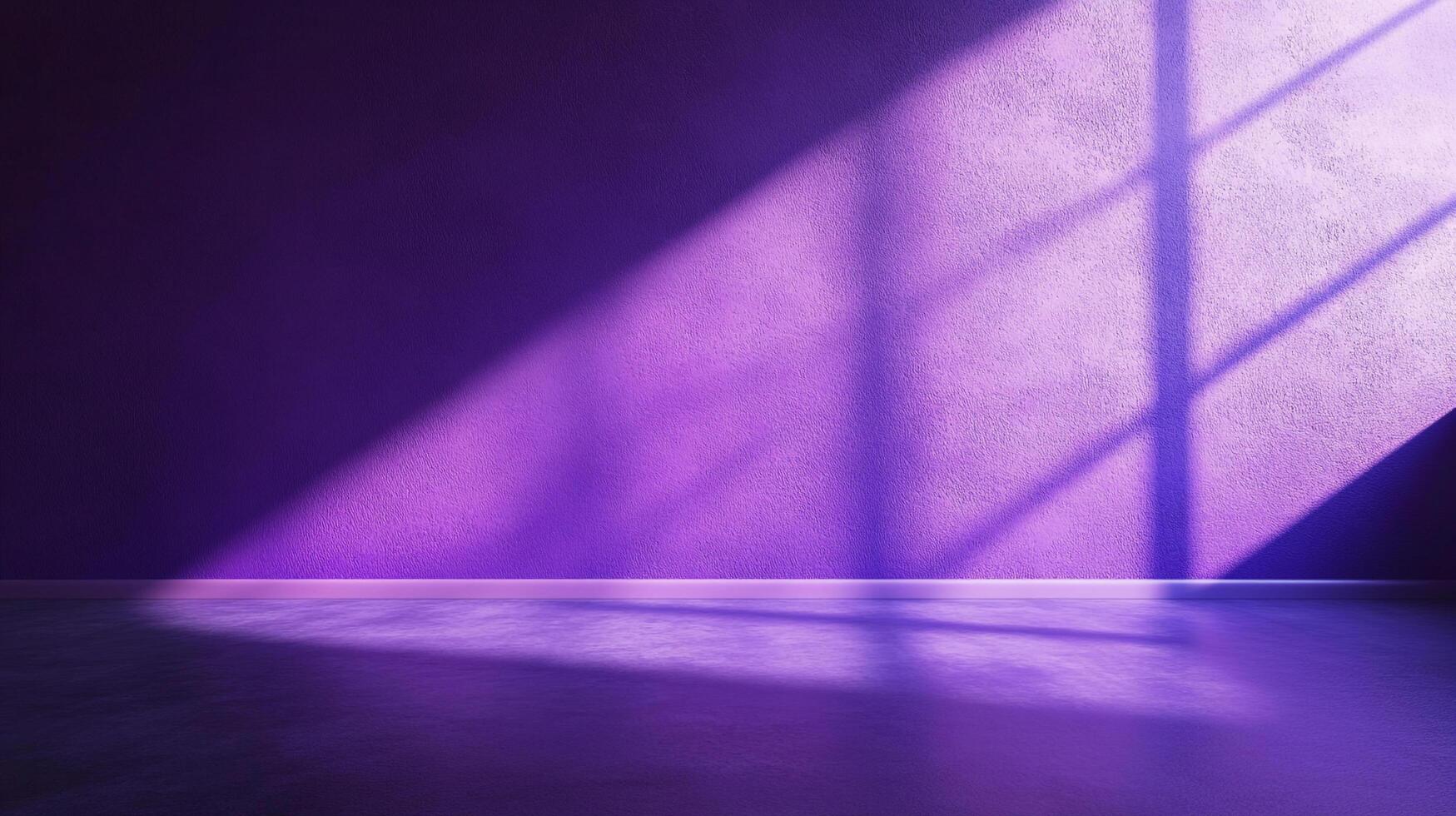 A purple wall is bathed in light, creating an angular pattern as sunshine streams in through a nearby window, filling the room with purple light. photo