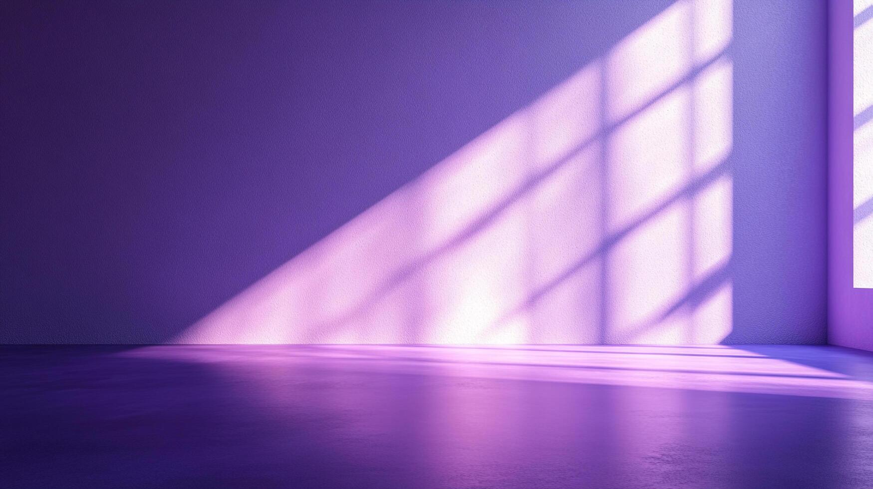 A purple-toned room is illuminated by sunlight, creating a striking geometric pattern on the wall and floor, with a focus on light and shadow. photo