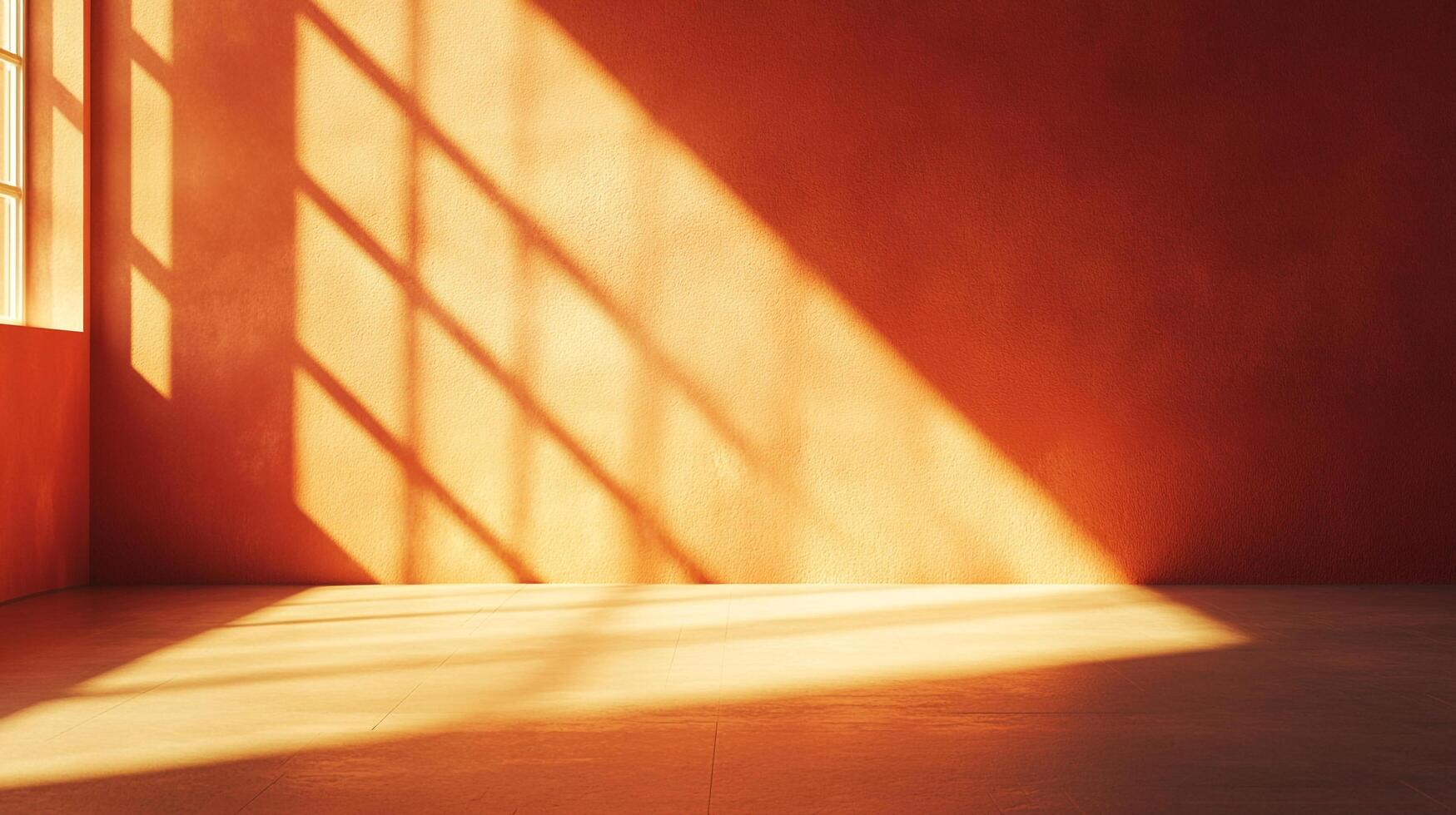 Sunlight streams through a window casting geometric shadows on a warm terracotta-colored wall and floor, creating a serene and artistic space. photo