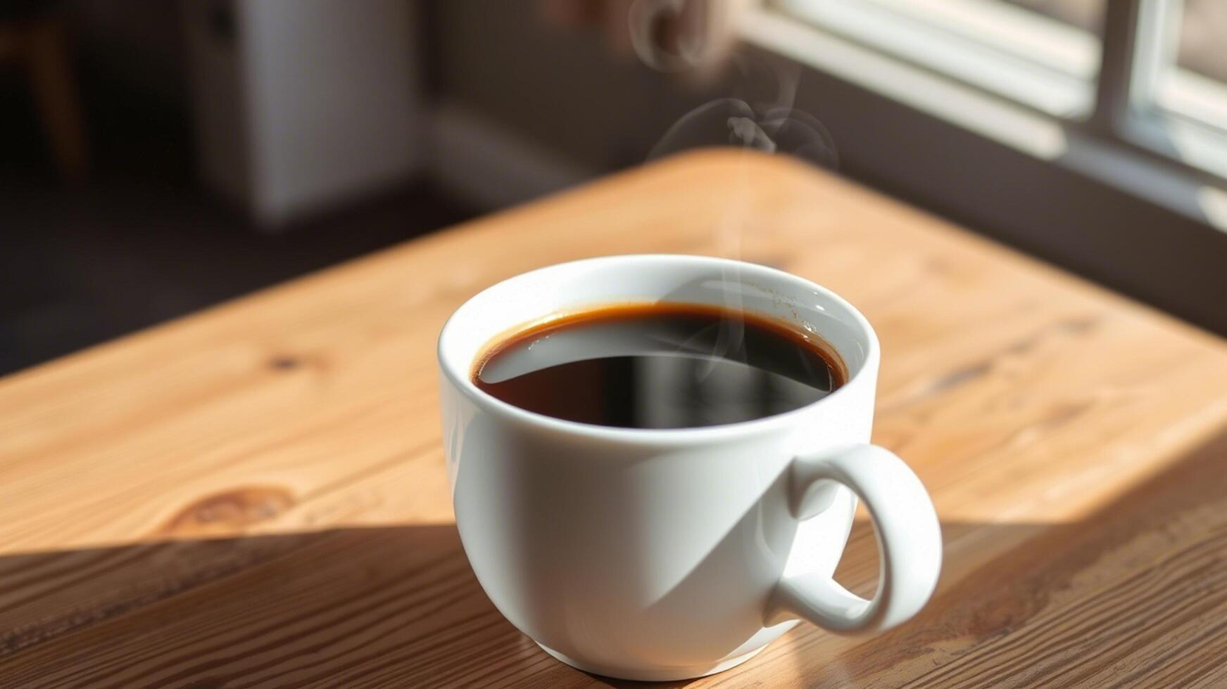 close up view of a coffee cup on a wooden table with a natural background photo