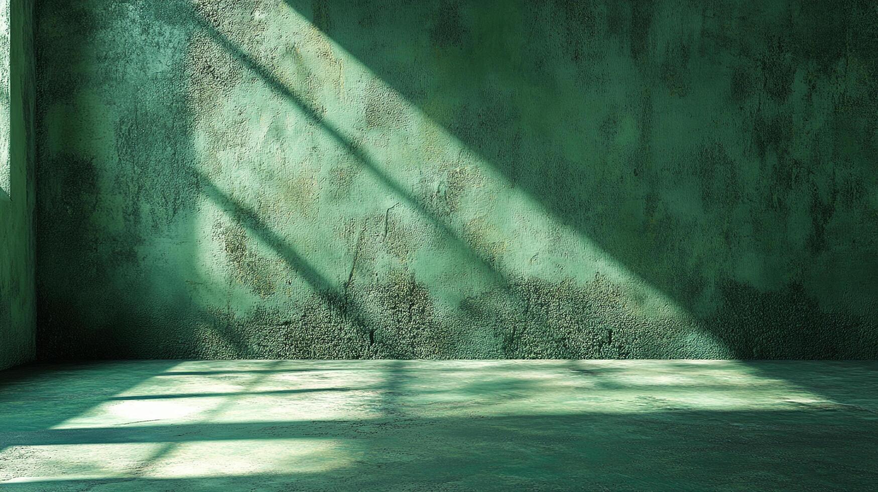 A textured green wall in a room is illuminated by light streaming from a window, casting shadows across the surface and floor. photo