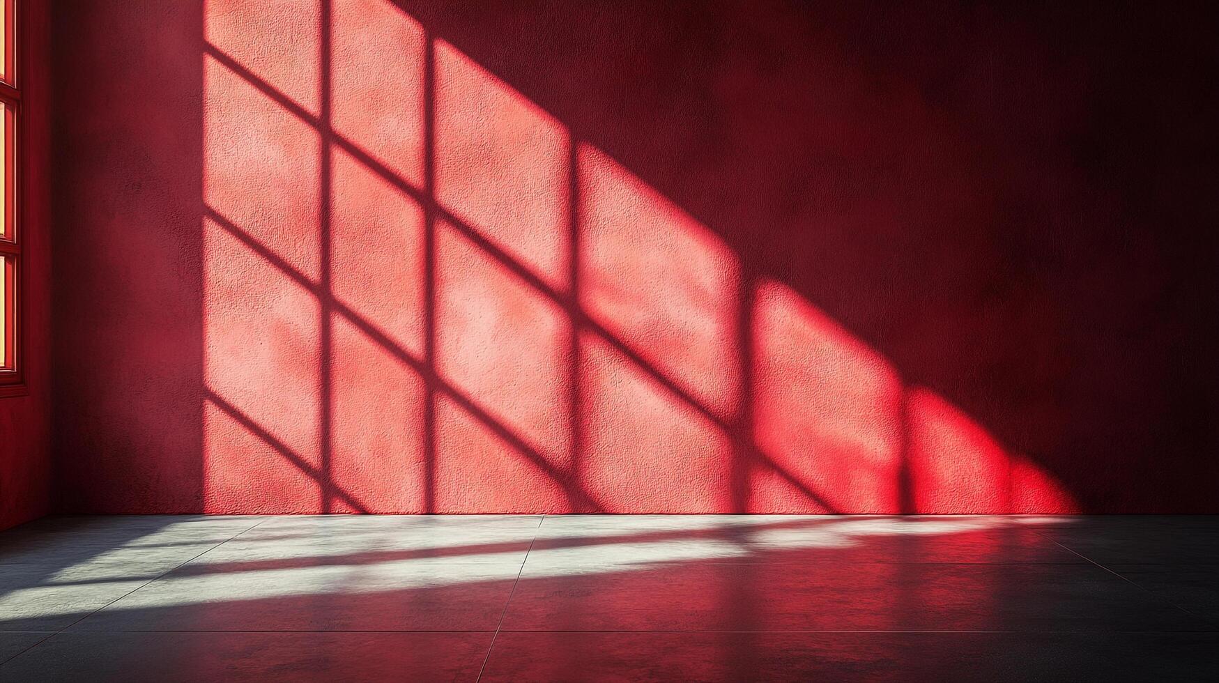 Sunlight streams through a window casting geometric shadows on a textured red wall and floor, creating a warm, abstract composition. photo