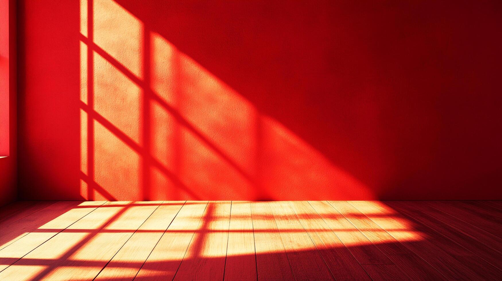Red room illuminated by sunlight streaming through window casting striking shadows across the wall and wooden floor, creating a warm ambiance. photo
