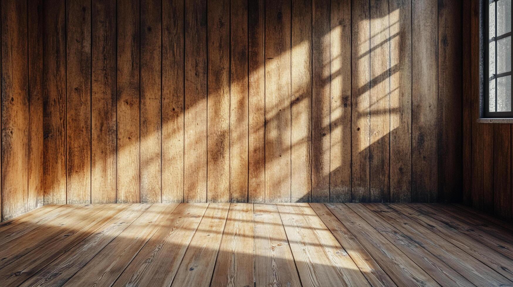 Wooden room interior with sunlight streaming in. The light casts shadows of the window frame on the wall, highlighting the wooden textures. photo