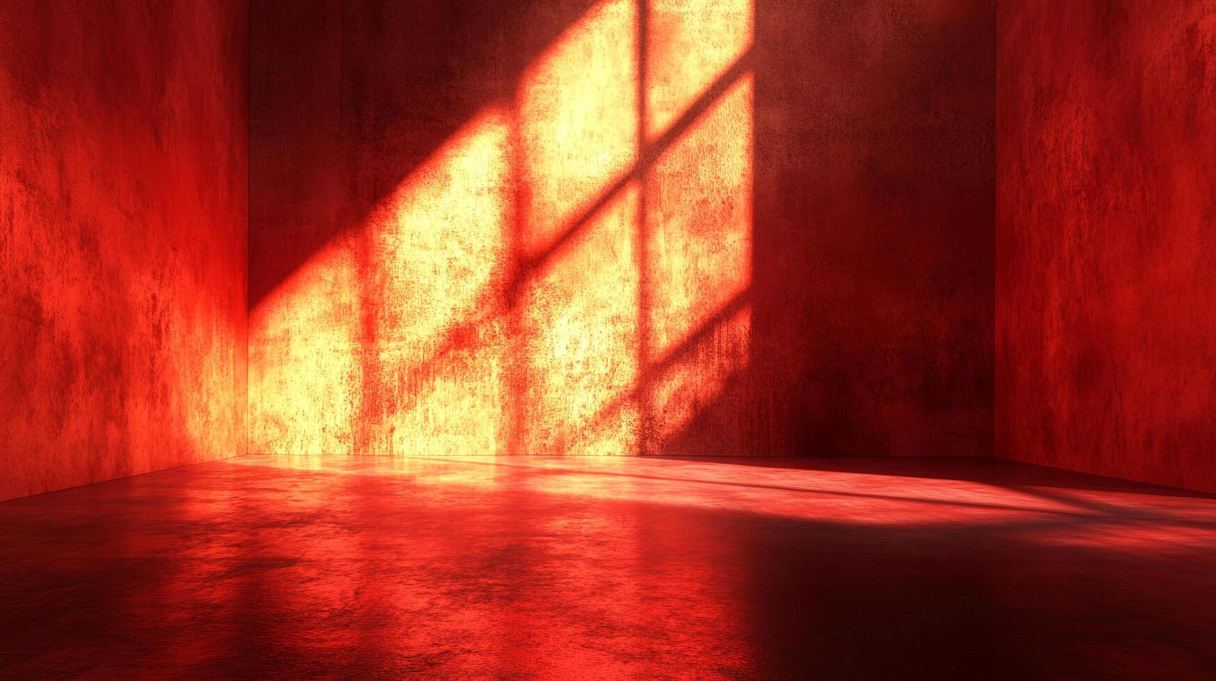 A vacant room bathed in red light, shadows of window bars cast on the wall, textured walls giving an eerie, atmospheric look. photo