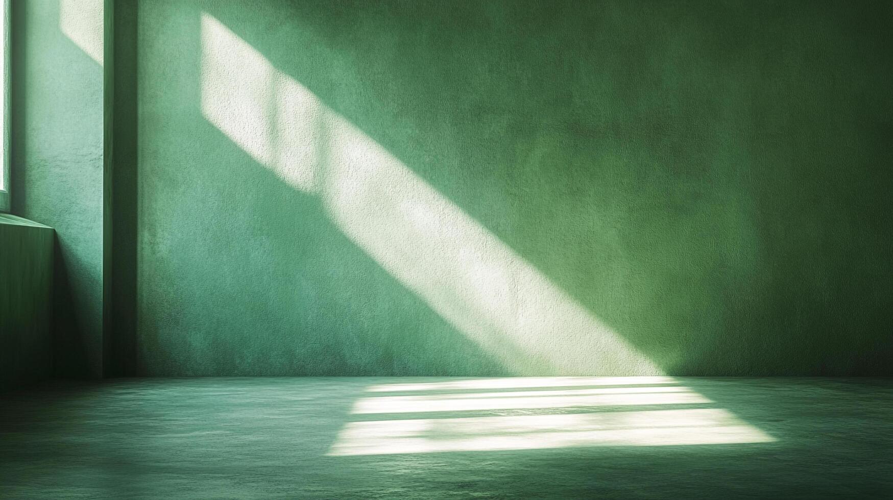 Sunlight streaks across a textured green wall and floor, casting shadows and highlighting the subtle variations in tone and surface. photo