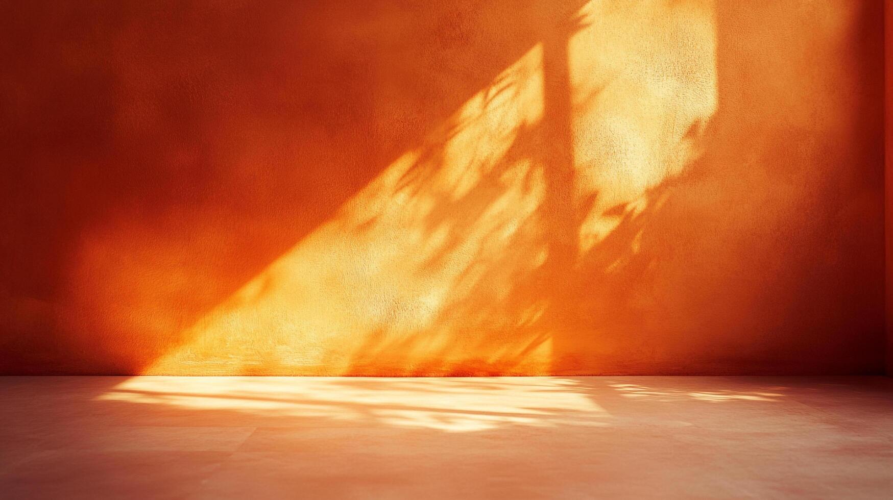 Sunlight streams through a window, casting shadows on an orange-colored wall in an empty room, creating a warm and inviting atmosphere. photo