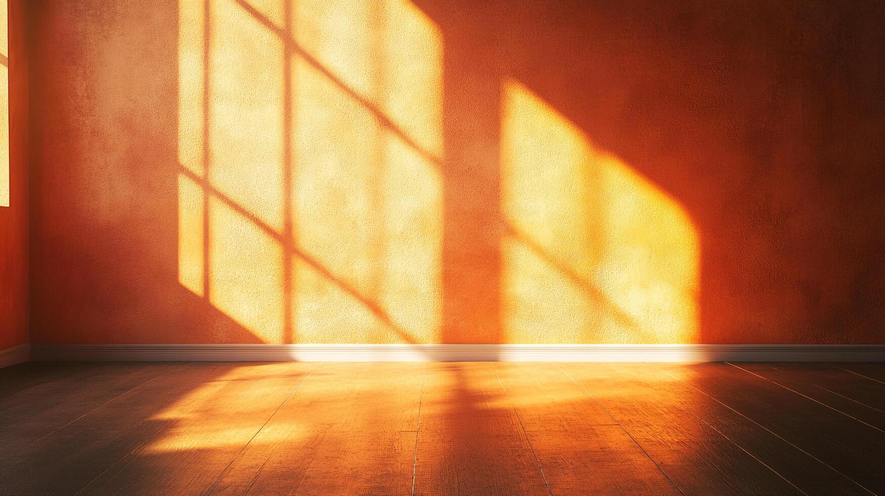 A room bathed in golden sunlight, casting geometric shadows from a window onto the textured wall, creating a warm and inviting atmosphere. photo