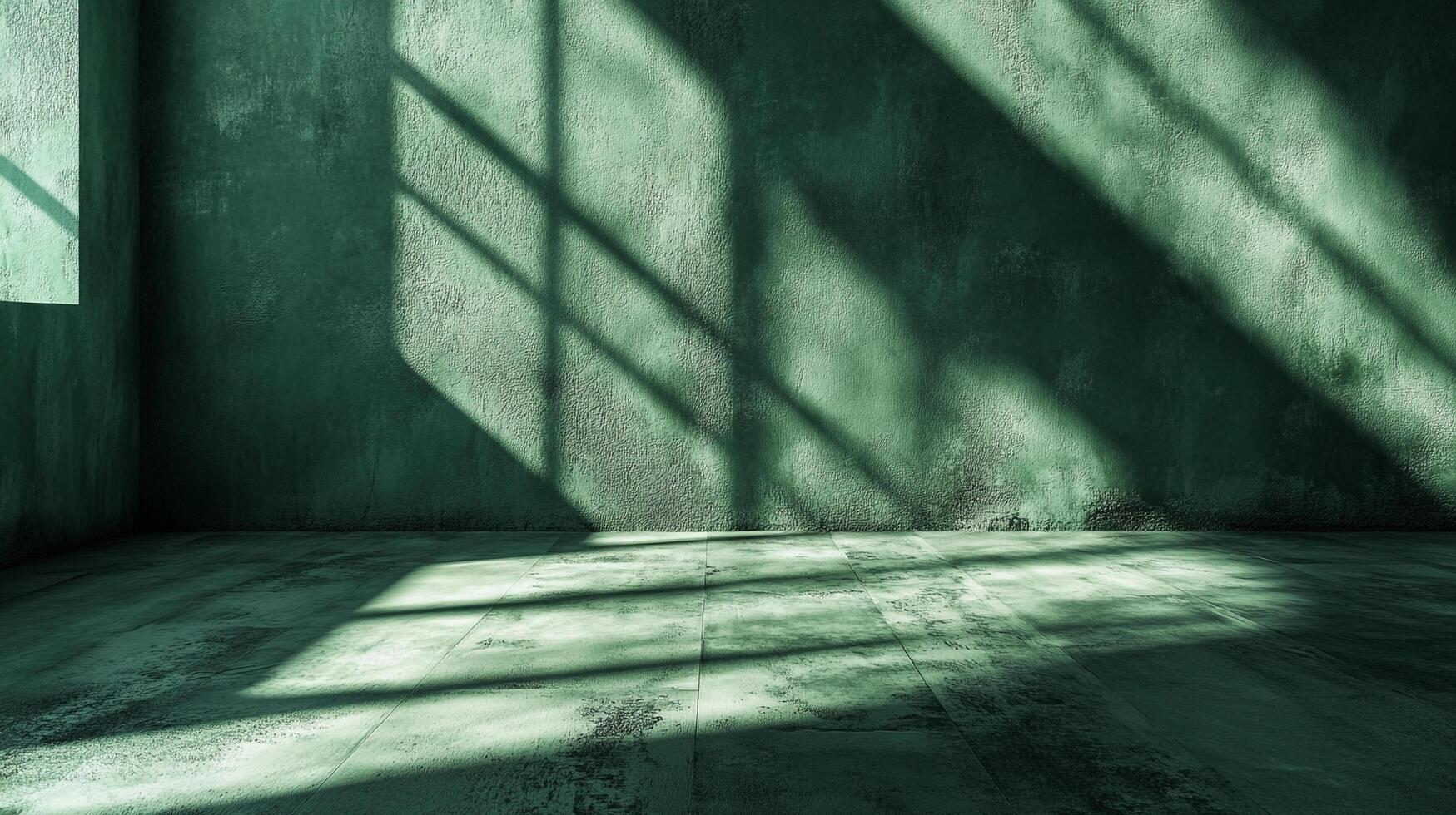 Interior space with light and shadow patterns cast on a textured green wall. A minimalistic and geometric composition. photo