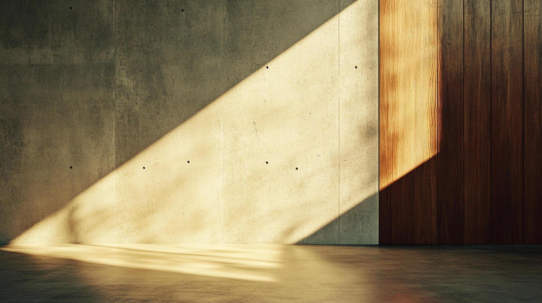 Sunlight diagonally illuminates a bare concrete wall adjacent to a section of wood paneling in a room with minimal design elements. photo