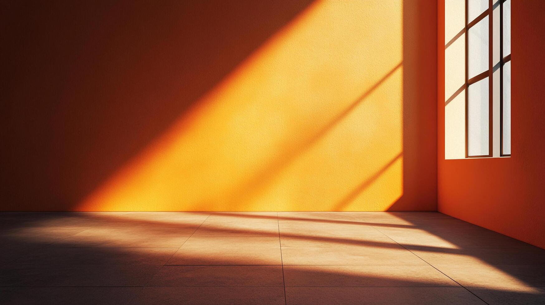 Interior with sunlight streaming through a window, creating bright highlights and long shadows across the floor and walls. Simple and abstract. photo