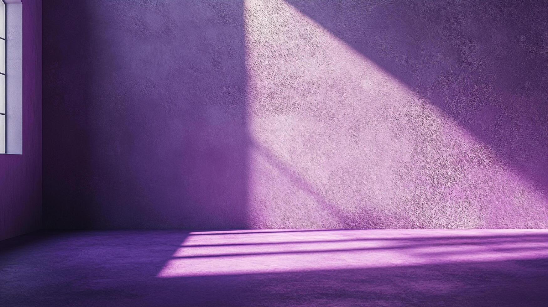 A purple room is illuminated by light streaming through a window, creating a serene and minimalist interior setting. Purple hues dominate. photo